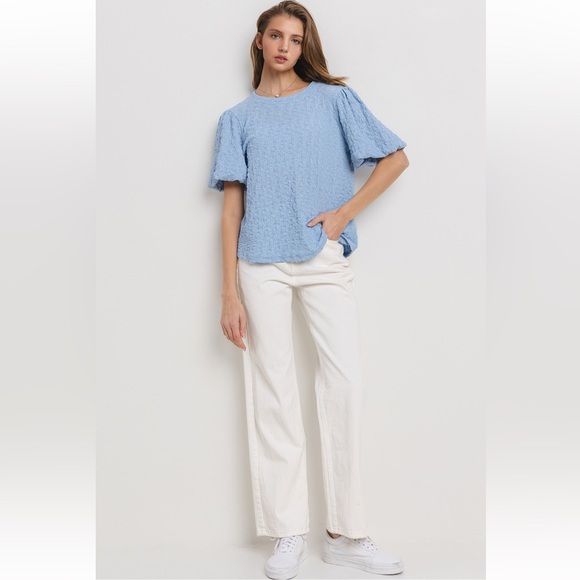 19 Solid Textured Puff Sleeve Blouse Top - Picture 6 of 6
